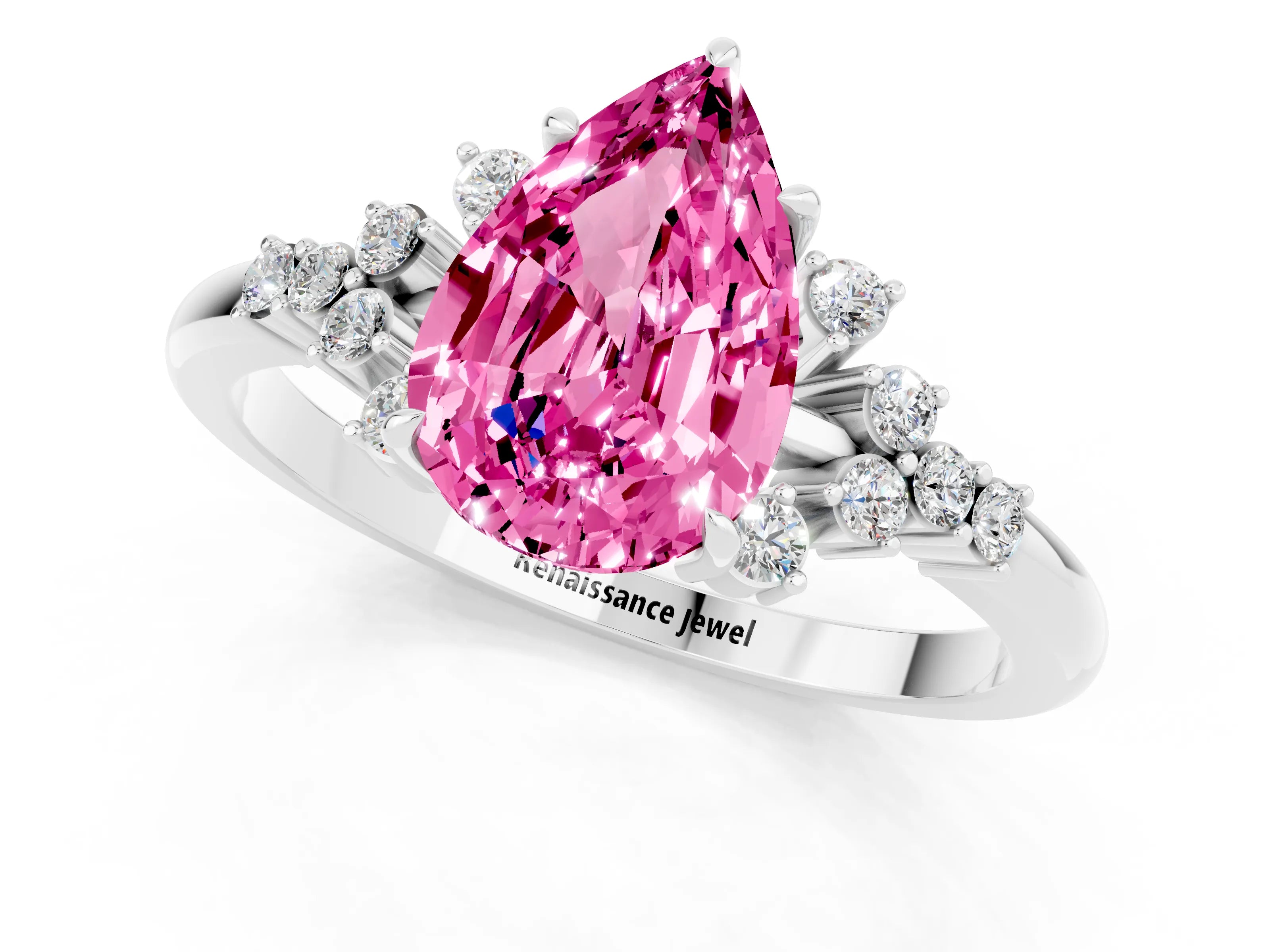 White gold Pear Cut Pink Sapphire Ring with Side Stones and Four-Prong Setting_61