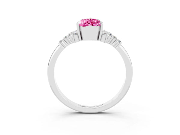 White gold Pear Cut Pink Sapphire Ring with Side Stones and Four-Prong Setting