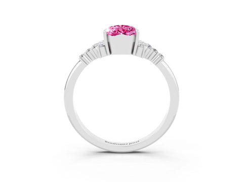 White gold Pear Cut Pink Sapphire Ring with Side Stones and Four-Prong Setting_63