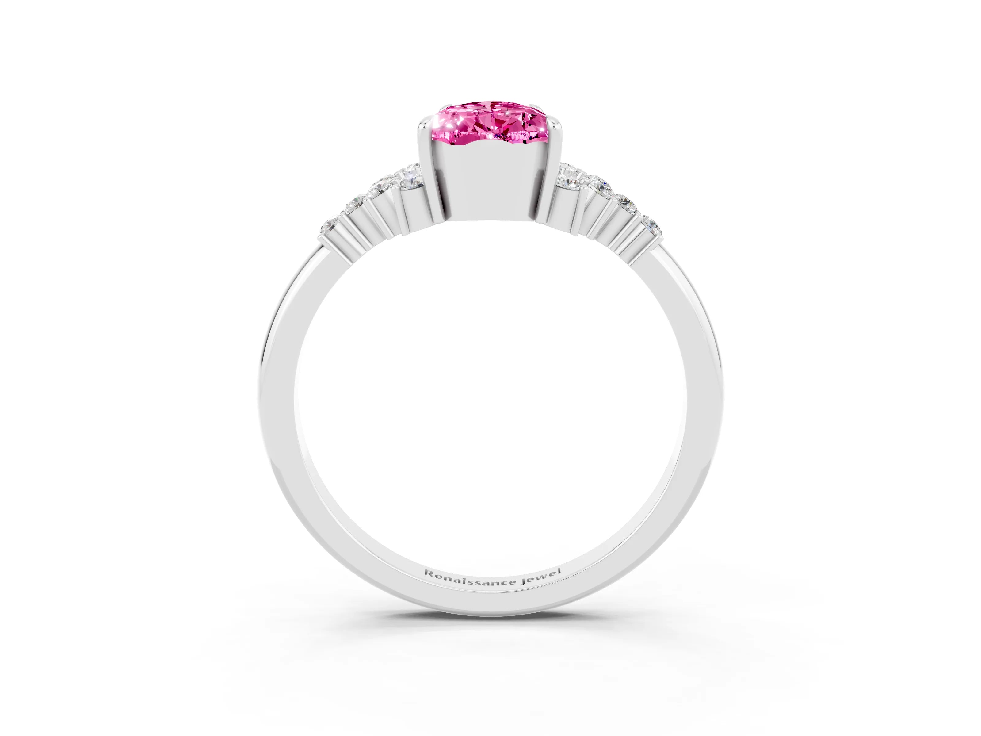White gold Pear Cut Pink Sapphire Ring with Side Stones and Four-Prong Setting_63