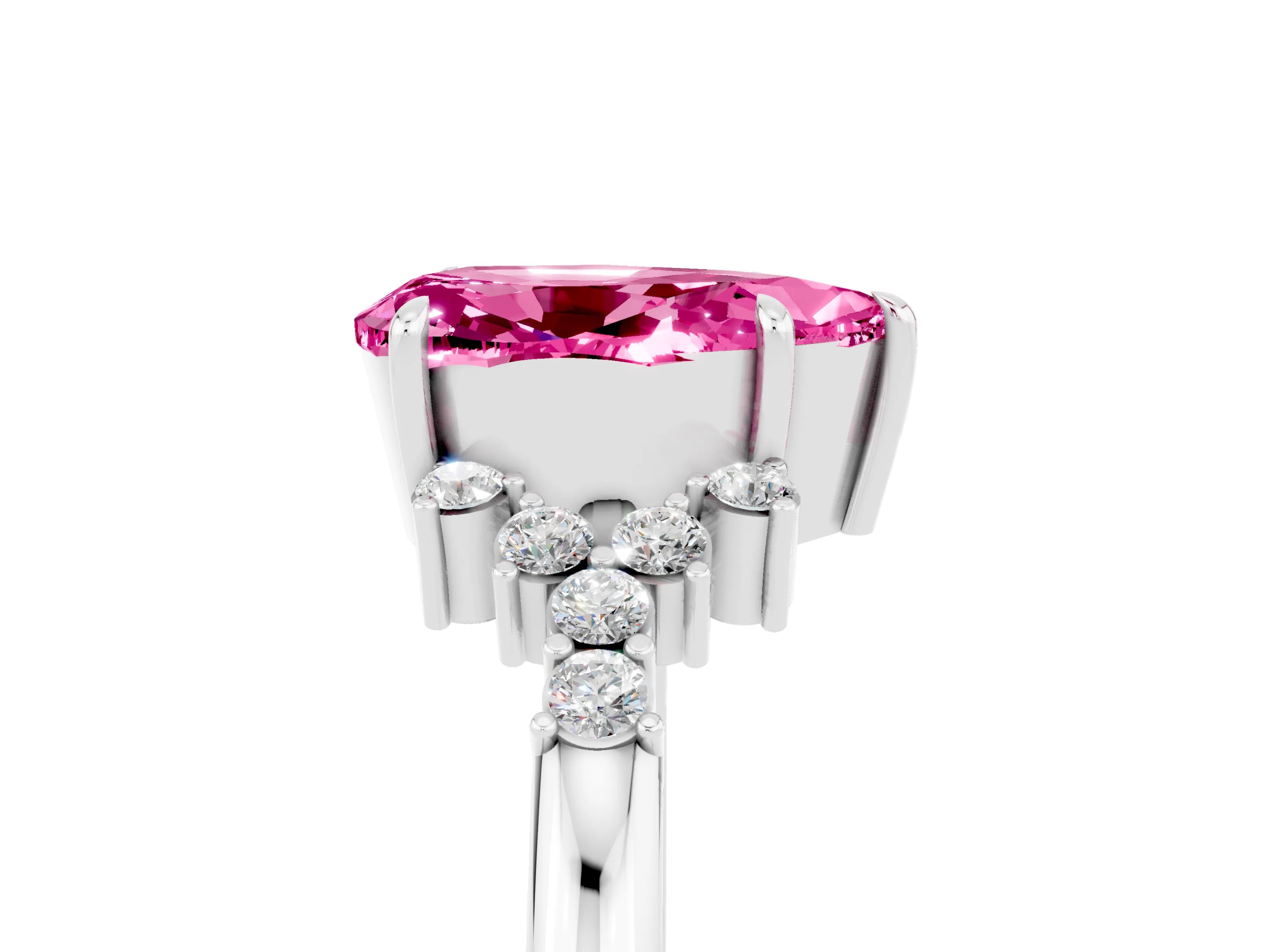 White gold Pear Cut Pink Sapphire Ring with Side Stones and Four-Prong Setting_65