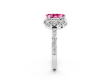 White gold Pear Cut Pink Sapphire Scalloped Halo Engagement Ring with Round Shared Prong Band_26