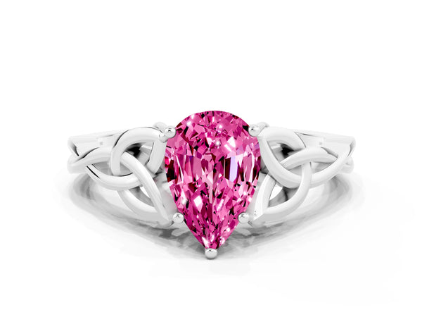Platinum Pear Cut Pink Sapphire Solitaire Celtic Knot Ring with Four-Prong Setting