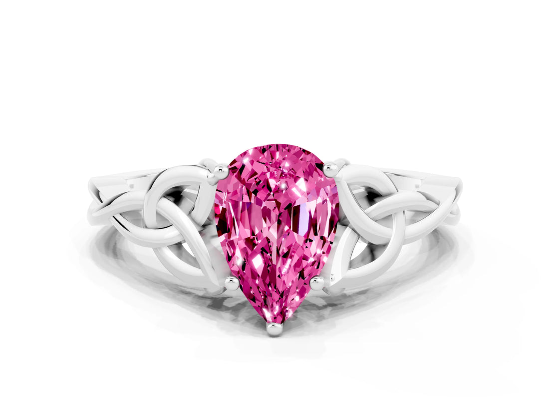 White gold Pear Cut Pink Sapphire Solitaire Celtic Knot Ring with Four-Prong Setting_36