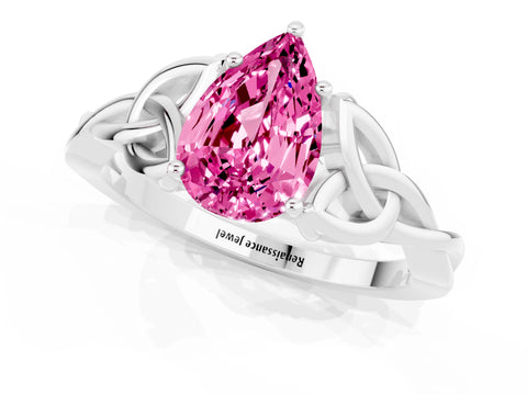 White gold Pear Cut Pink Sapphire Solitaire Celtic Knot Ring with Four-Prong Setting_37