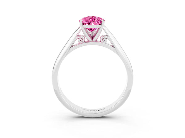 White gold Pear Cut Pink Sapphire Solitaire Engagement Ring with Cathedral Setting and Four-Prong Mount