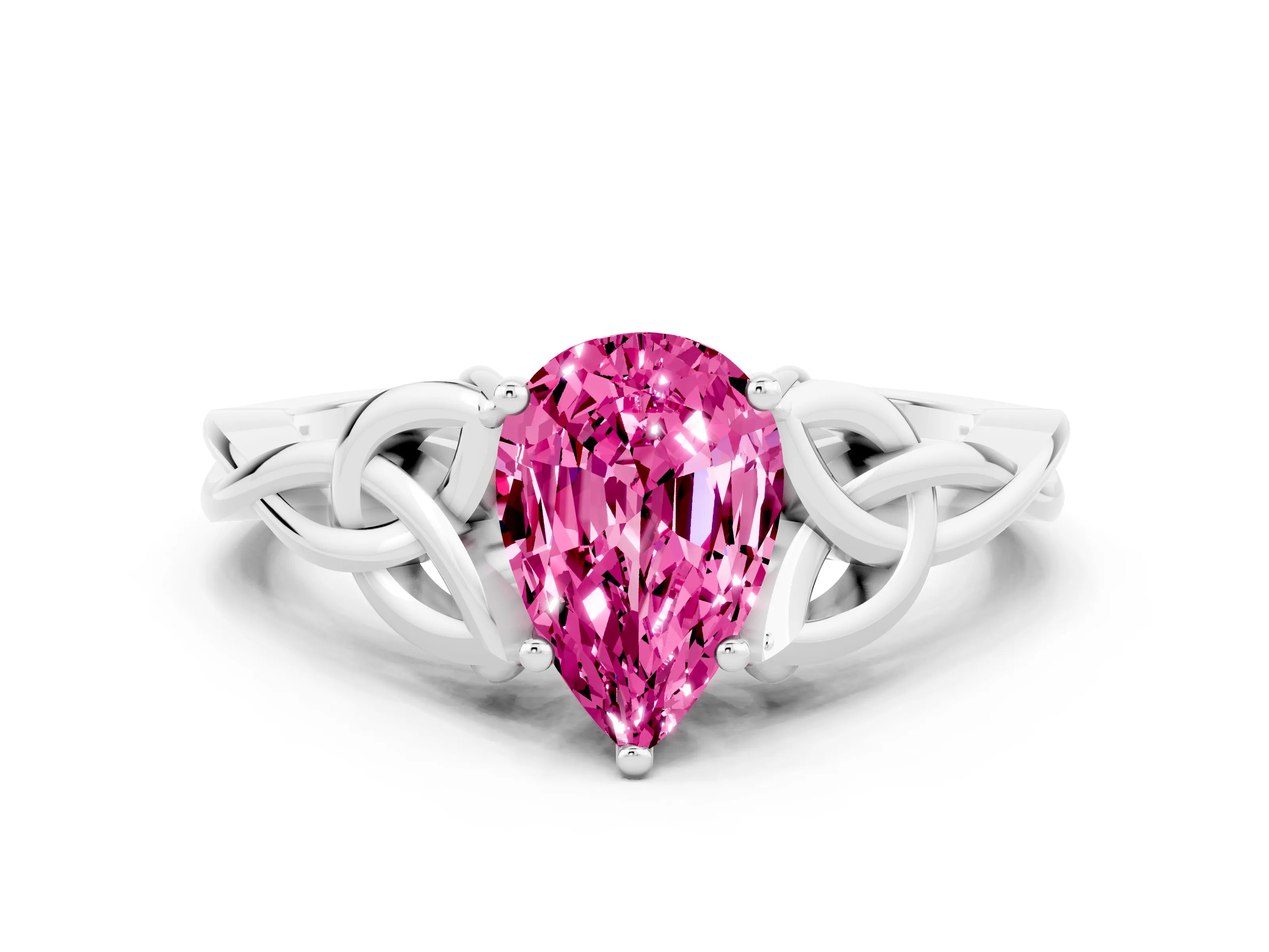 White gold Pear Cut Pink Sapphire Solitaire Engagement Ring with Celtic Knot Band and Four-Prong Setting_24