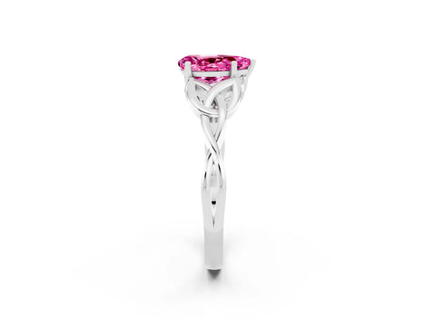 White gold Pear Cut Pink Sapphire Solitaire Engagement Ring with Celtic Knot Band and Four-Prong Setting_26