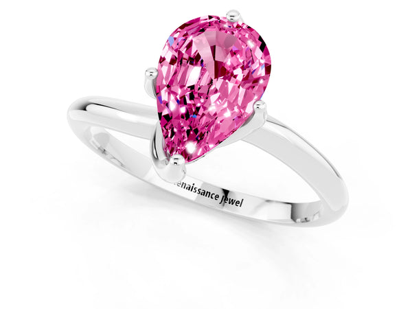 Silver Pear Cut Pink Sapphire Solitaire Engagement Ring with Four-Prong Setting and Classic Band