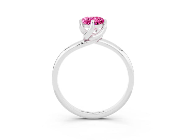 White gold Pear Cut Pink Sapphire Solitaire Engagement Ring with Four-Prong Setting and Classic Band