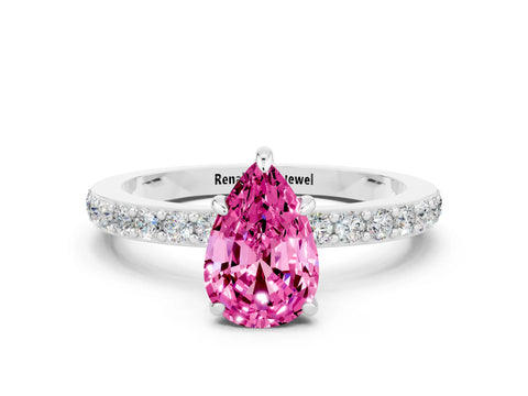 White gold Pear Cut Pink Sapphire Solitaire Engagement Ring with Pavé Band and Four-Prong Setting_24