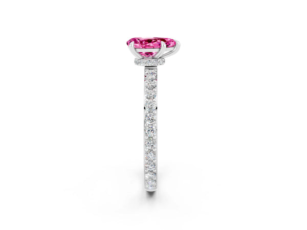 White gold Pear Cut Pink Sapphire Solitaire Engagement Ring with Pavé Band and Four-Prong Setting