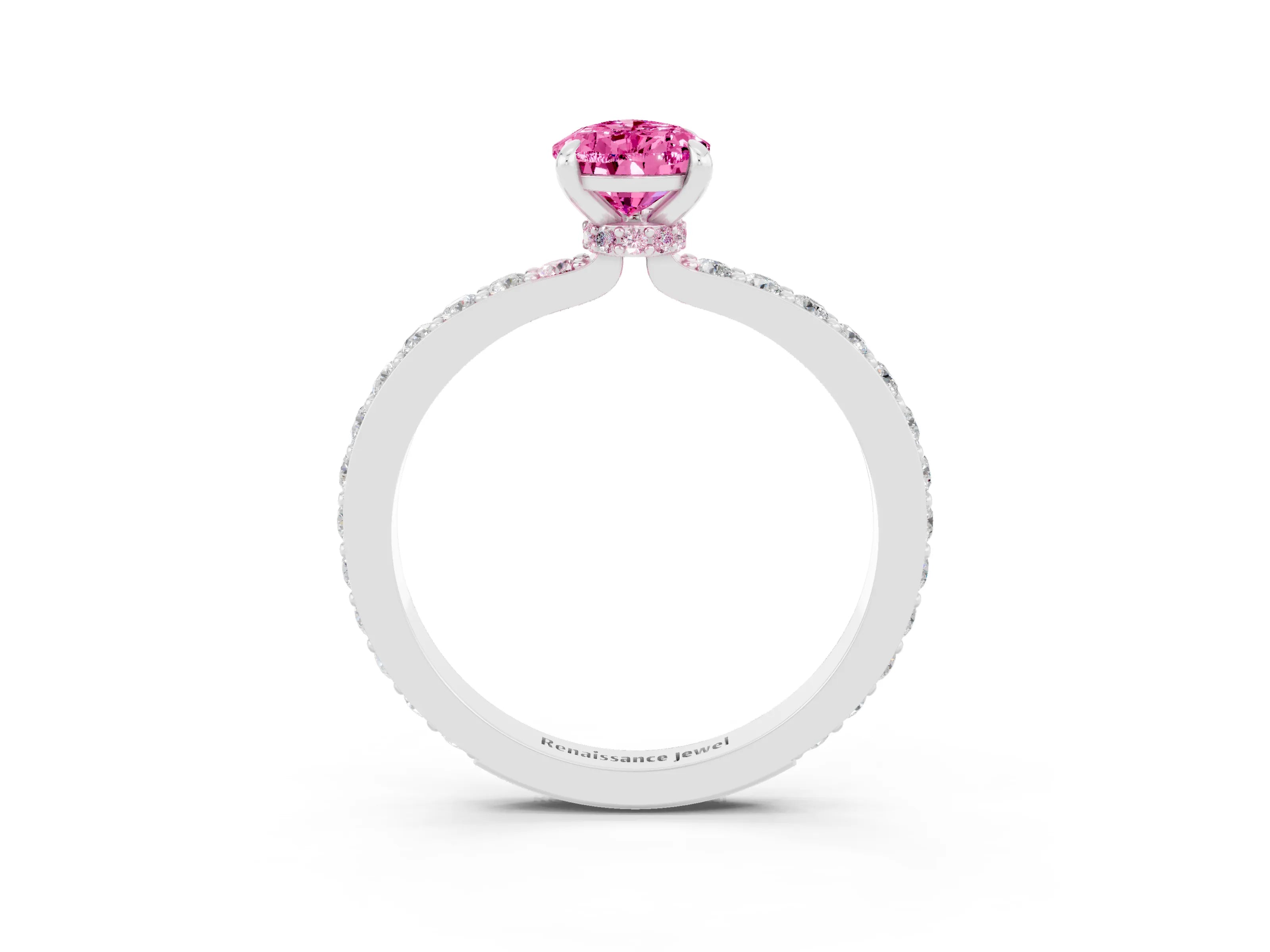 White gold Pear Cut Pink Sapphire Solitaire Engagement Ring with Pavé Band and Four-Prong Setting_27