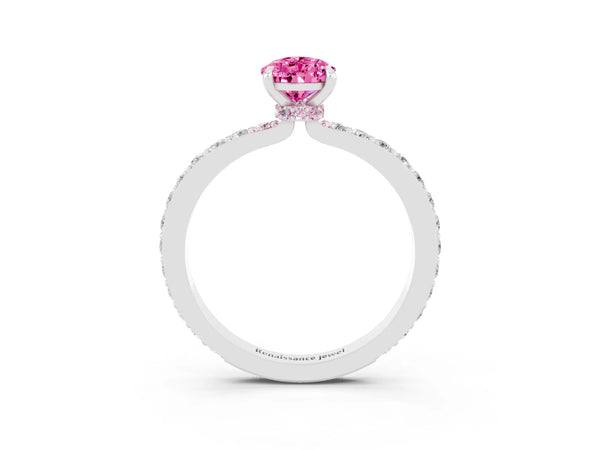 White gold Pear Cut Pink Sapphire Solitaire Engagement Ring with Pavé Band and Four-Prong Setting