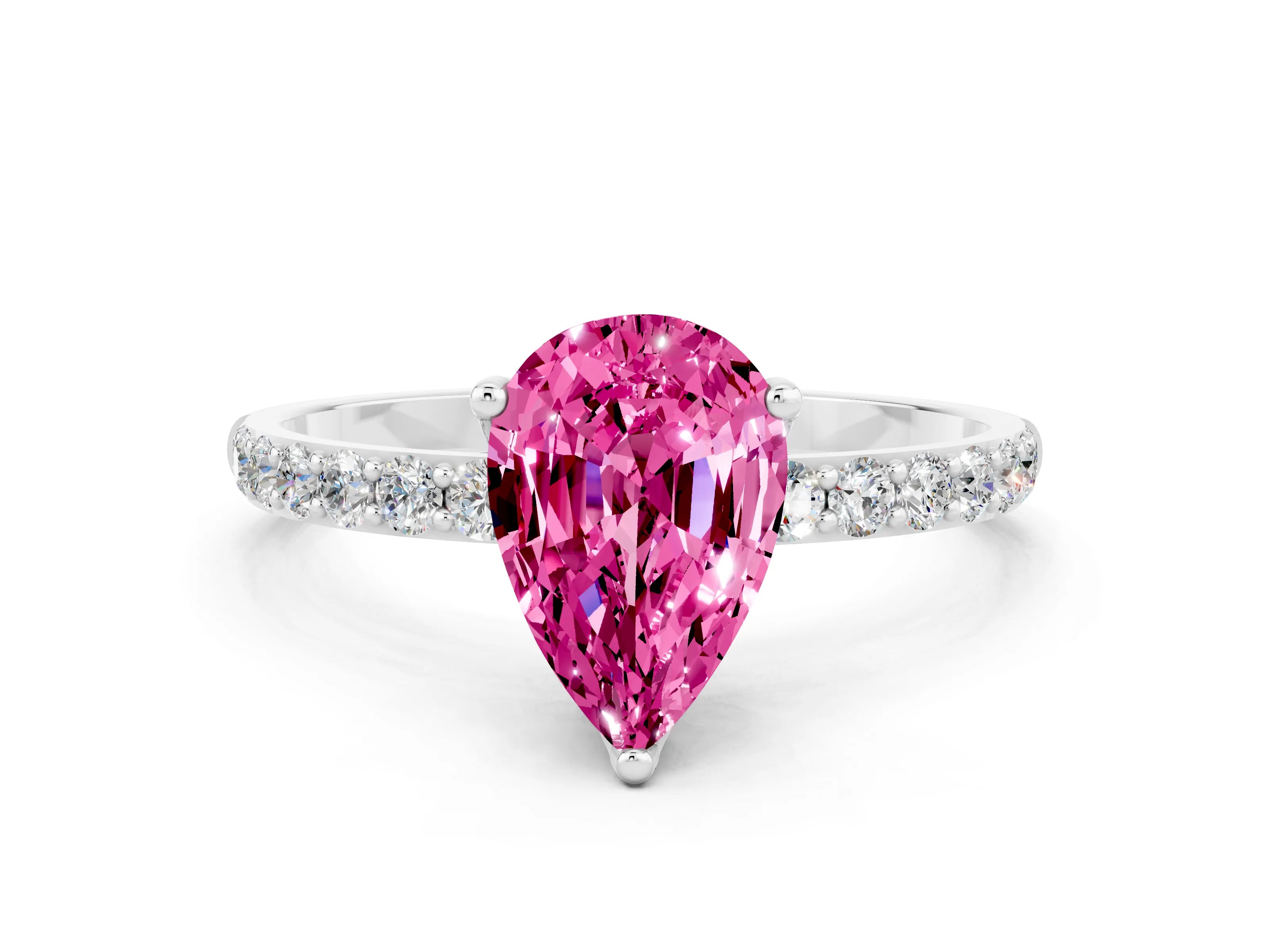 White gold Pear Cut Pink Sapphire Solitaire Engagement Ring with Pavé Band and Prong Setting
