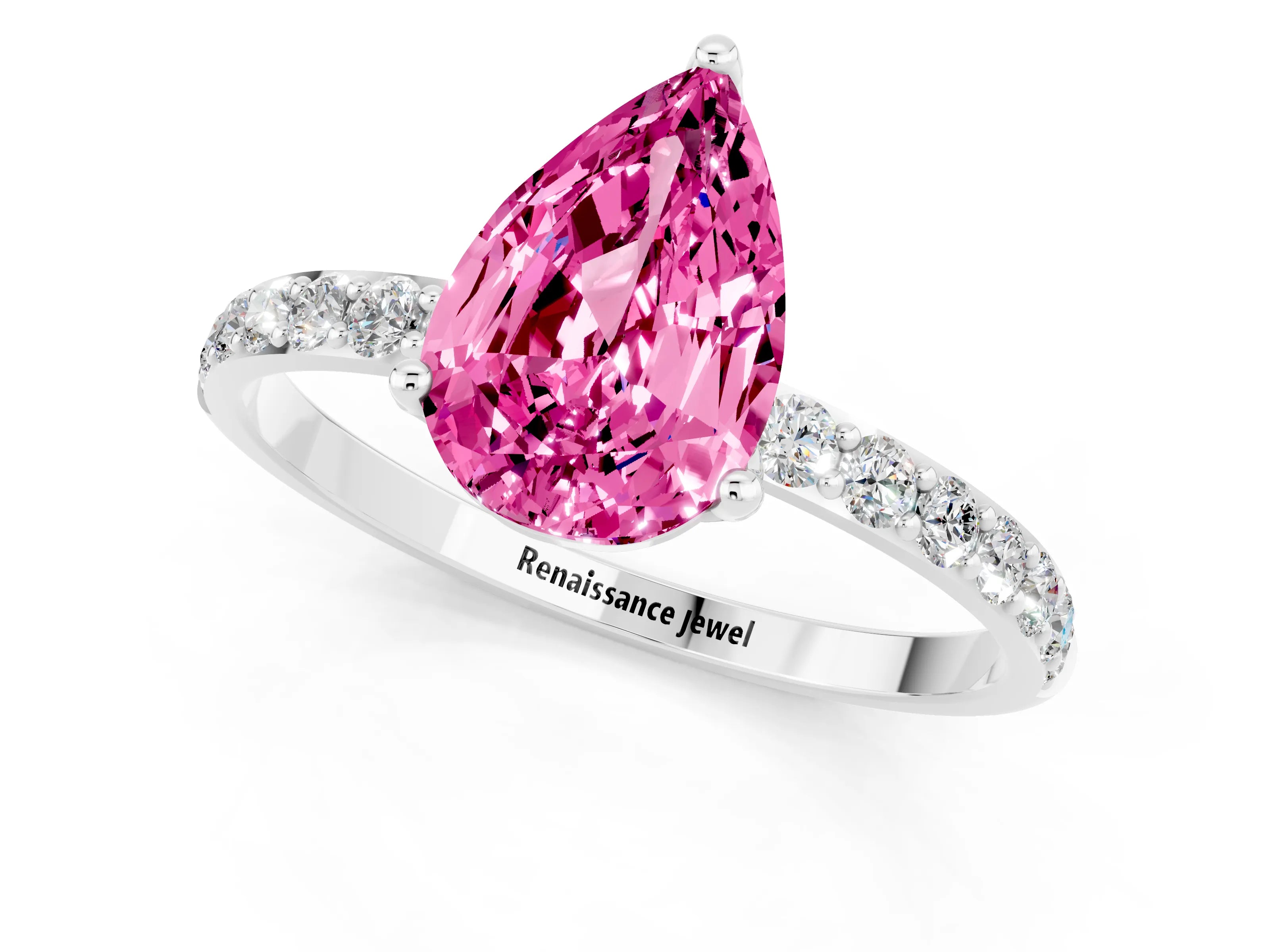 White gold Pear Cut Pink Sapphire Solitaire Engagement Ring with Pavé Band and Prong Setting_1