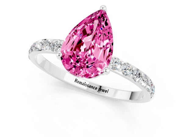 White gold Pear Cut Pink Sapphire Solitaire Engagement Ring with Round  Pavé Band and Prong Setting
