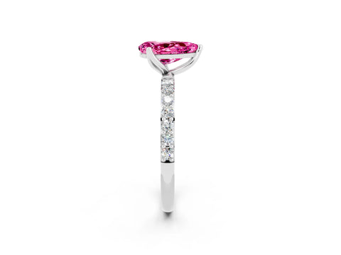 White gold Pear Cut Pink Sapphire Solitaire Engagement Ring with Pavé Band and Prong Setting_2