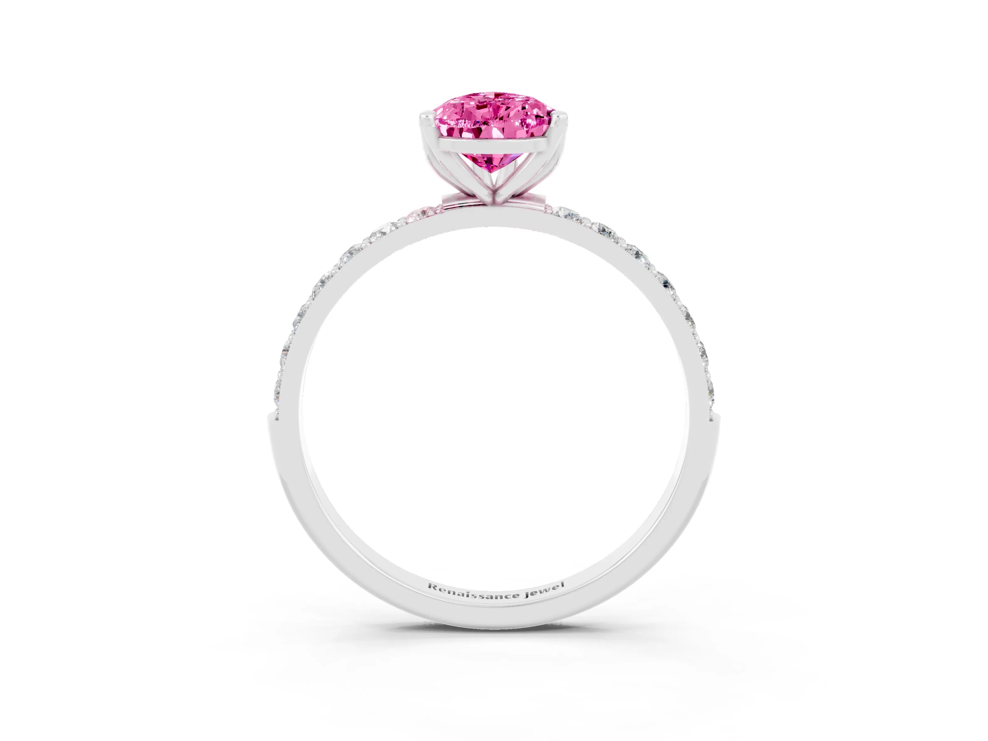 White gold Pear Cut Pink Sapphire Solitaire Engagement Ring with Pavé Band and Prong Setting_3