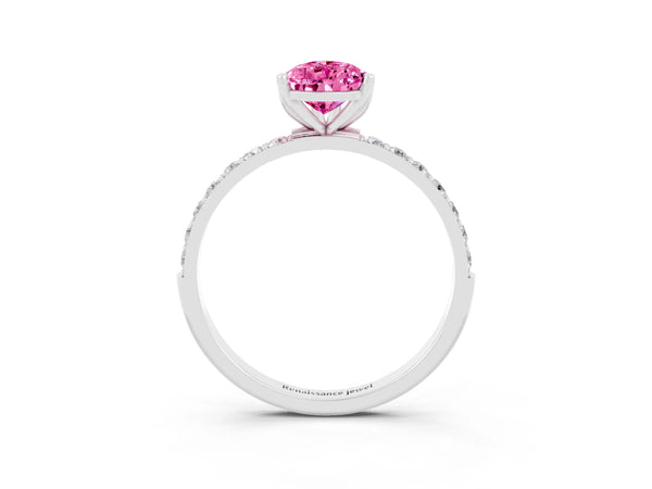 Silver Pear Cut Pink Sapphire Solitaire Engagement Ring with Round  Pavé Band and Prong Setting