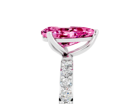 White gold Pear Cut Pink Sapphire Solitaire Engagement Ring with Pavé Band and Prong Setting_5