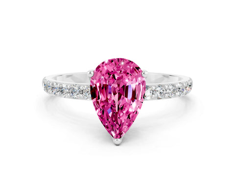White gold Pear Cut Pink Sapphire Solitaire Engagement Ring with Pavé Band and Prong Setting