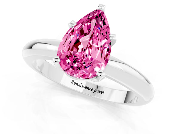 White gold Pear Cut Pink Sapphire Solitaire Engagement Ring with Round Band and Four-Prong Setting