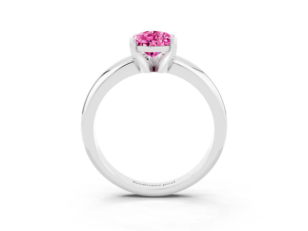 Platinum Pear Cut Pink Sapphire Solitaire Engagement Ring with Round Band and Four-Prong Setting