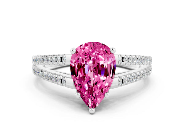 Platinum Pear Cut Pink Sapphire Solitaire Engagement Ring with Split Shank Pavé Band