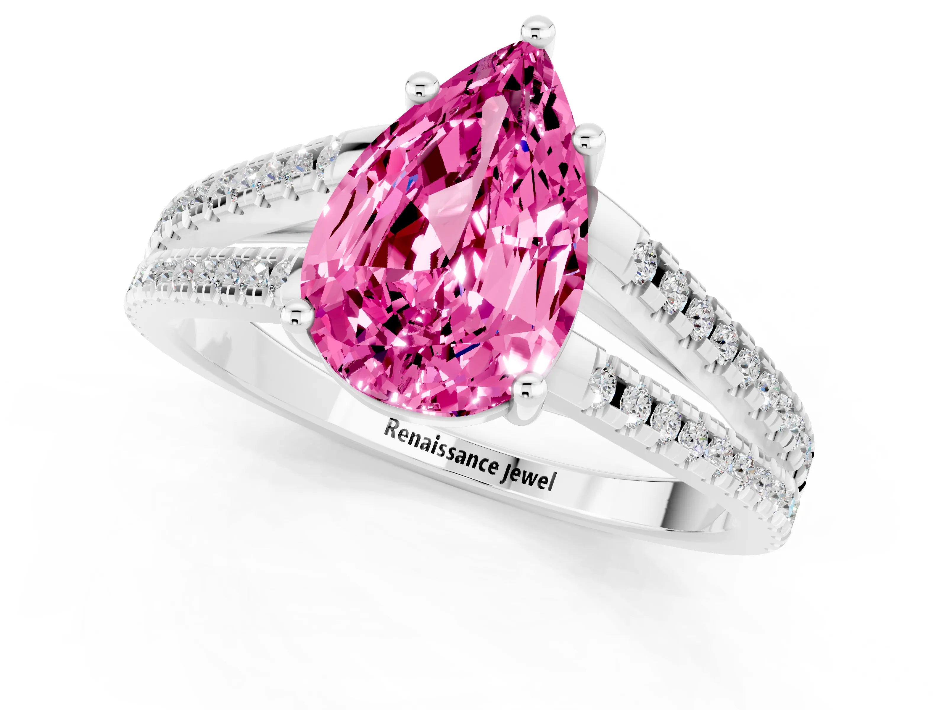 White gold Pear Cut Pink Sapphire Solitaire Engagement Ring with Split Shank Pavé Band_13