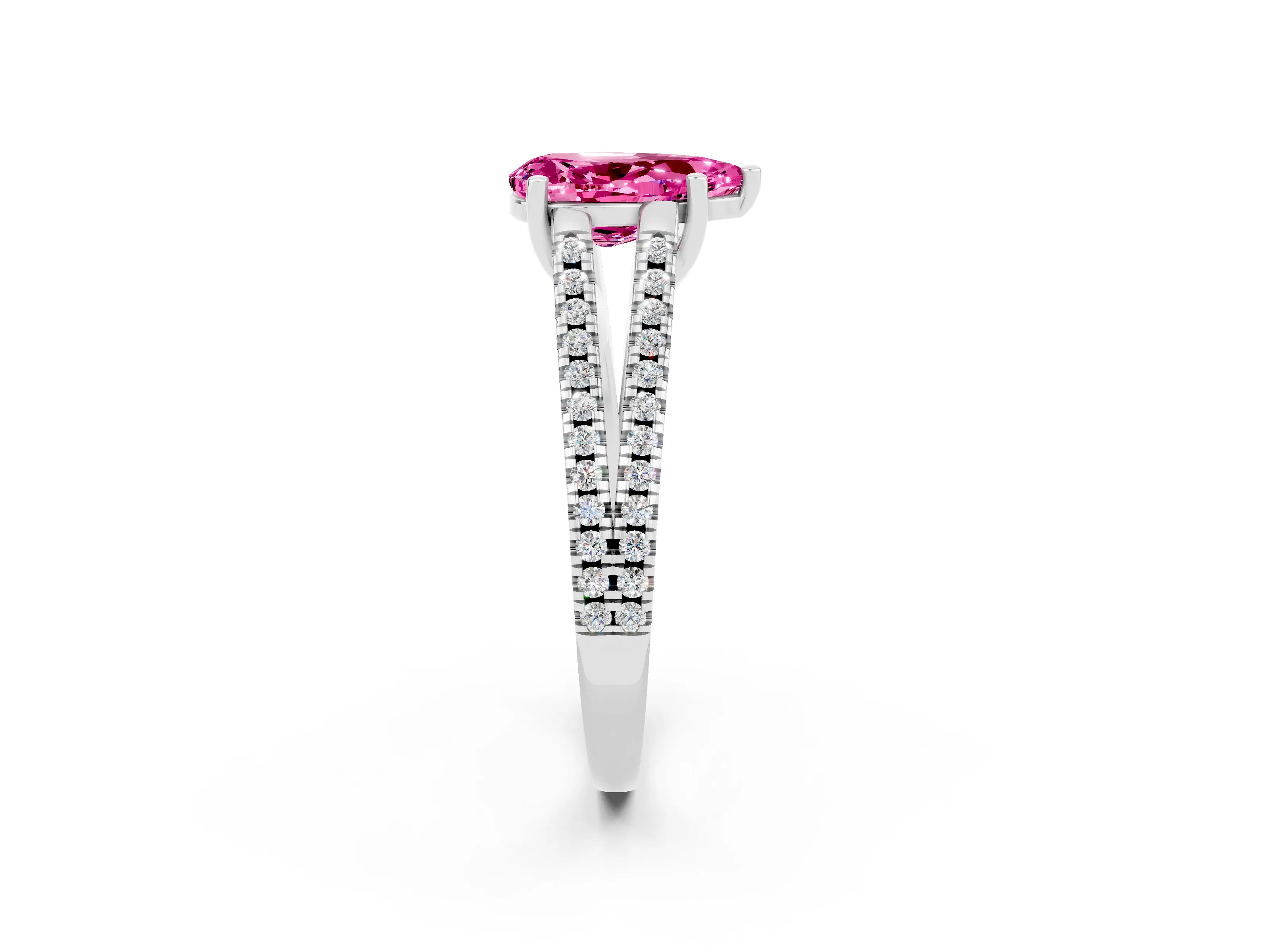 White gold Pear Cut Pink Sapphire Solitaire Engagement Ring with Split Shank Pavé Band_14