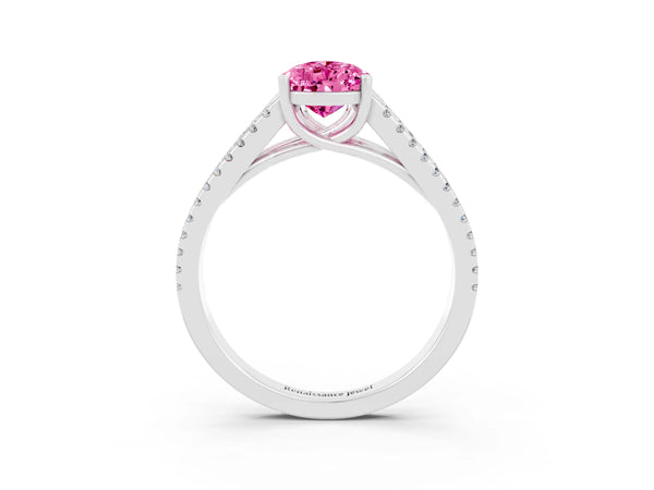 White gold Pear Cut Pink Sapphire Solitaire Engagement Ring with Split Shank Pavé Band