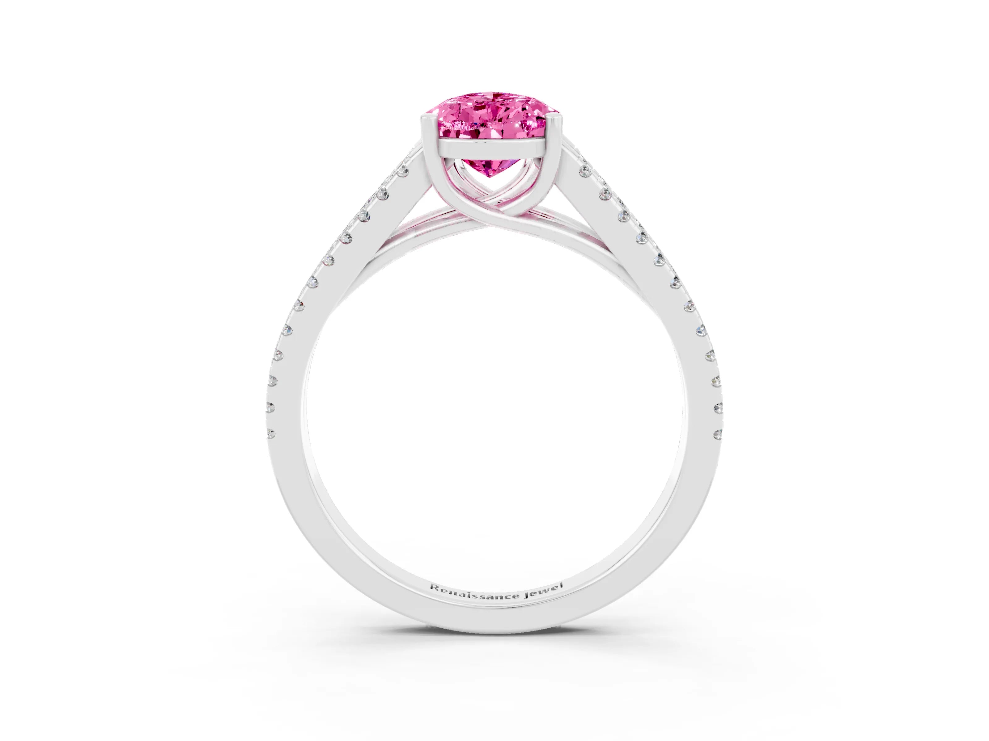 White gold Pear Cut Pink Sapphire Solitaire Engagement Ring with Split Shank Pavé Band_15