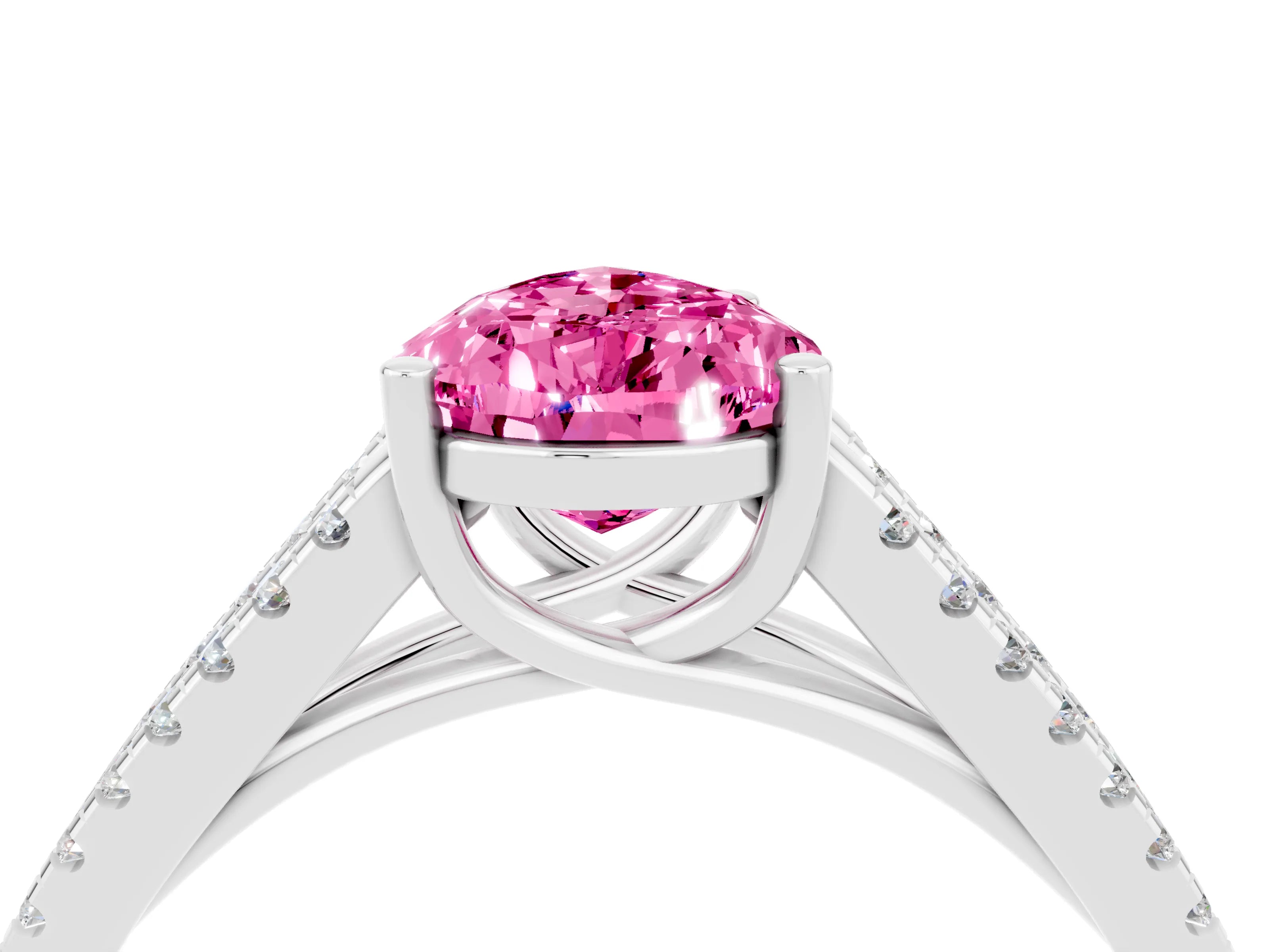 White gold Pear Cut Pink Sapphire Solitaire Engagement Ring with Split Shank Pavé Band_16