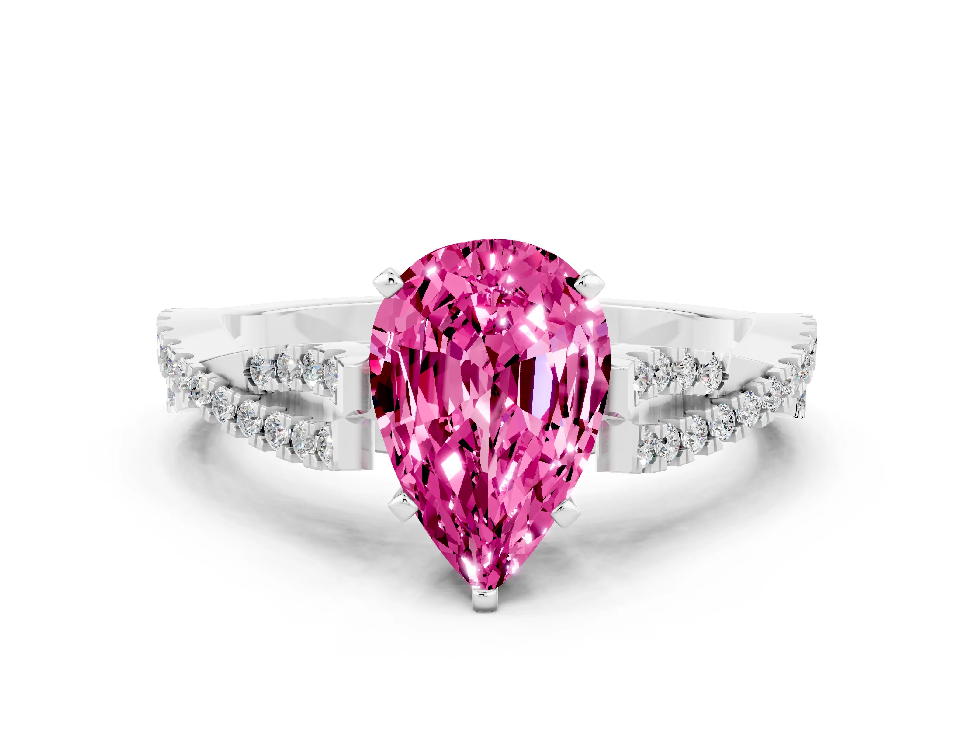 White gold Pear Cut Pink Sapphire Solitaire Engagement Ring with Twisted Pavé Band and Four-Prong Setting_12