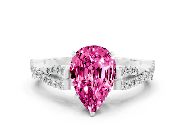 White gold Pear Cut Pink Sapphire Solitaire Engagement Ring with Twisted Pavé Band and Four-Prong Setting