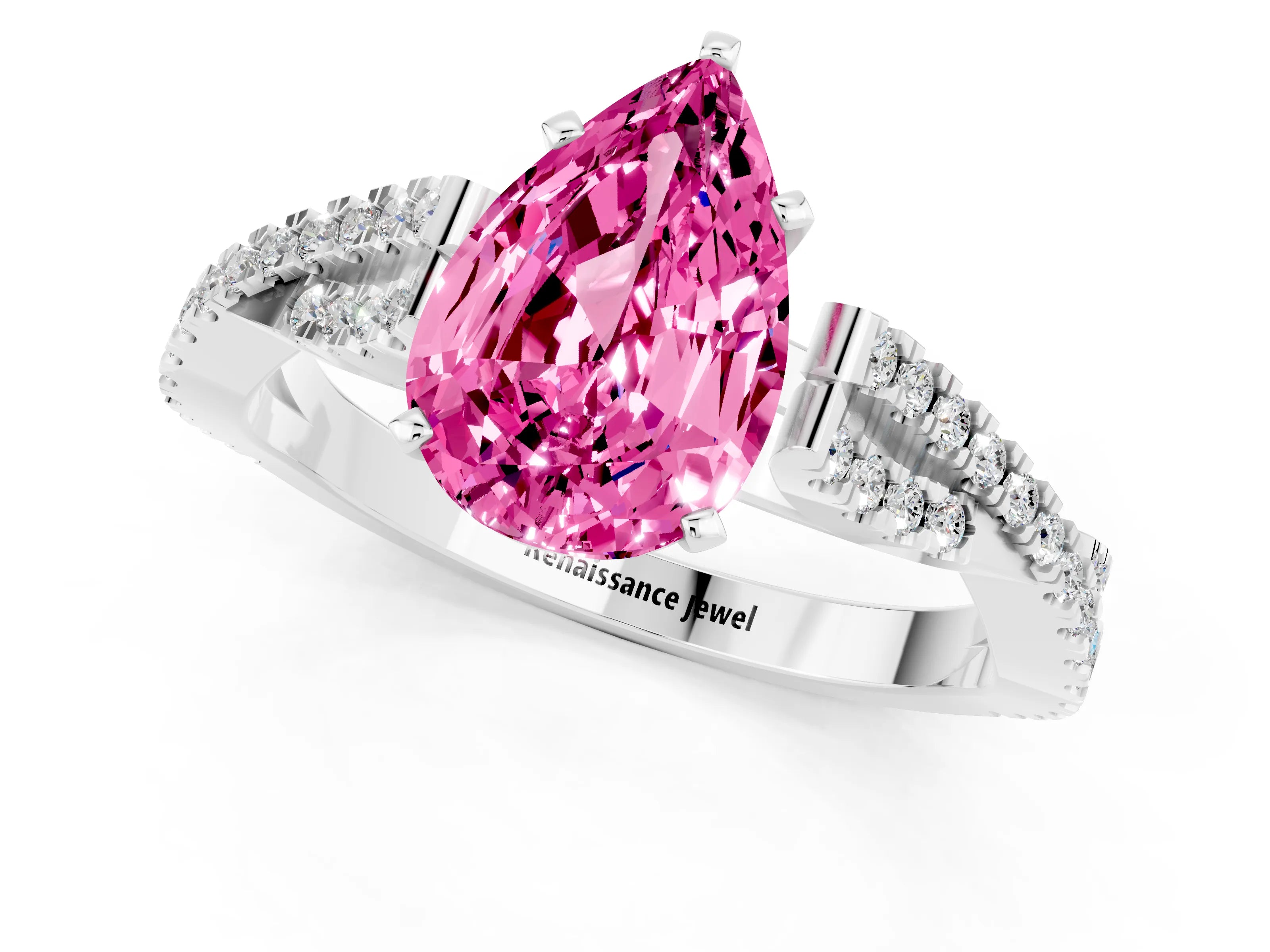 White gold Pear Cut Pink Sapphire Solitaire Engagement Ring with Twisted Pavé Band and Four-Prong Setting_13