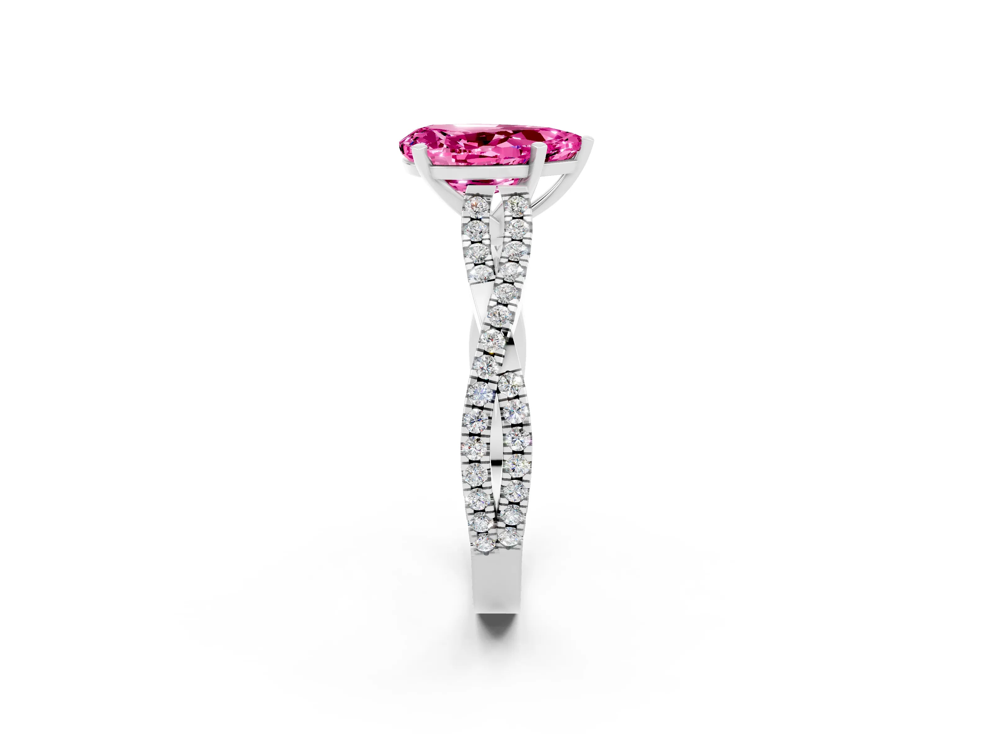 White gold Pear Cut Pink Sapphire Solitaire Engagement Ring with Twisted Pavé Band and Four-Prong Setting_14