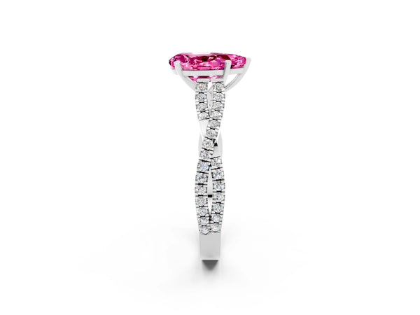 White gold Pear Cut Pink Sapphire Solitaire Engagement Ring with Twisted Pavé Band and Four-Prong Setting