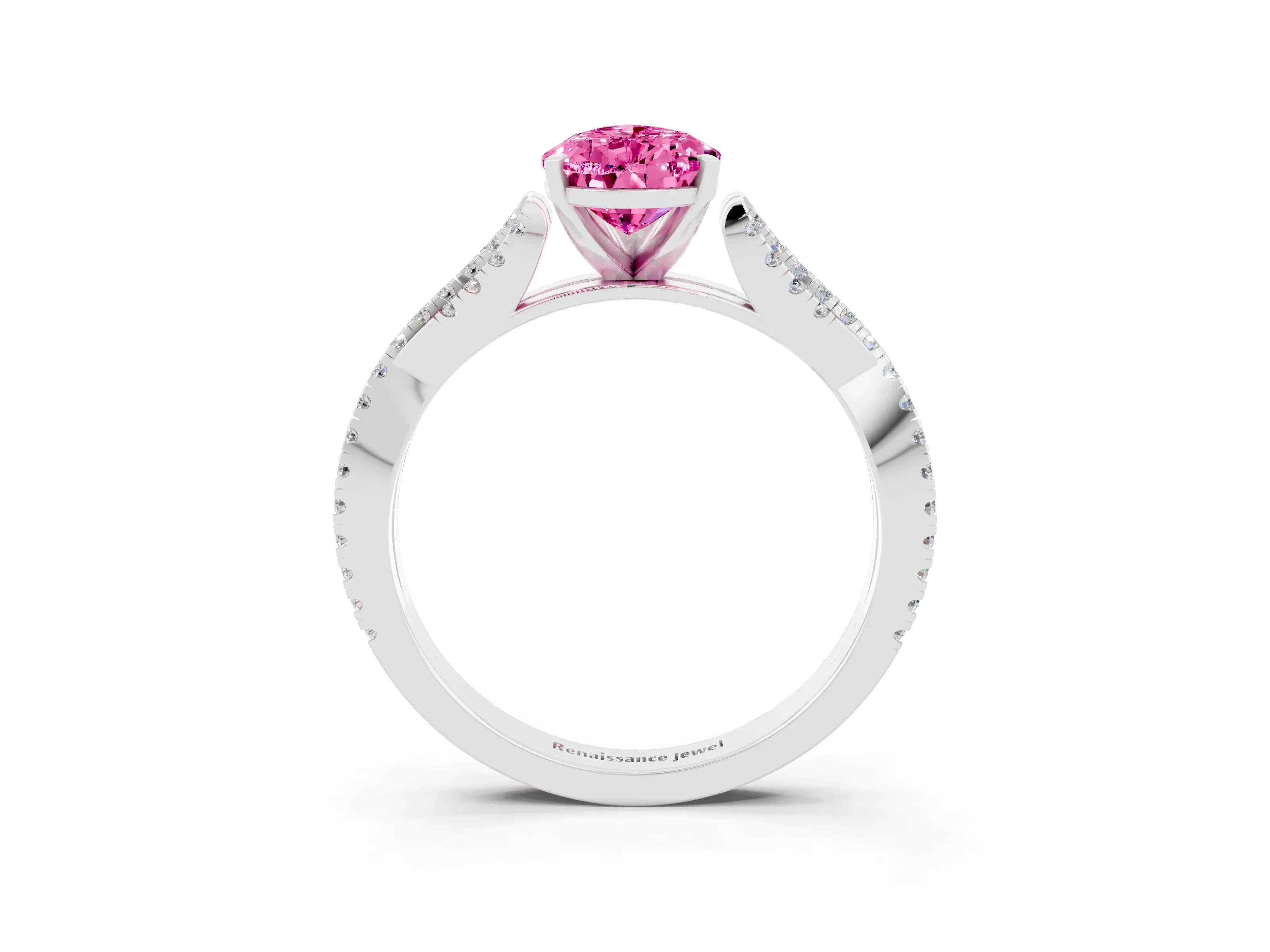 White gold Pear Cut Pink Sapphire Solitaire Engagement Ring with Twisted Pavé Band and Four-Prong Setting_15