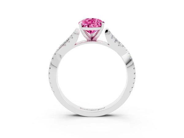 Silver Pear Cut Pink Sapphire Solitaire Engagement Ring with Twisted Pavé Band and Four-Prong Setting