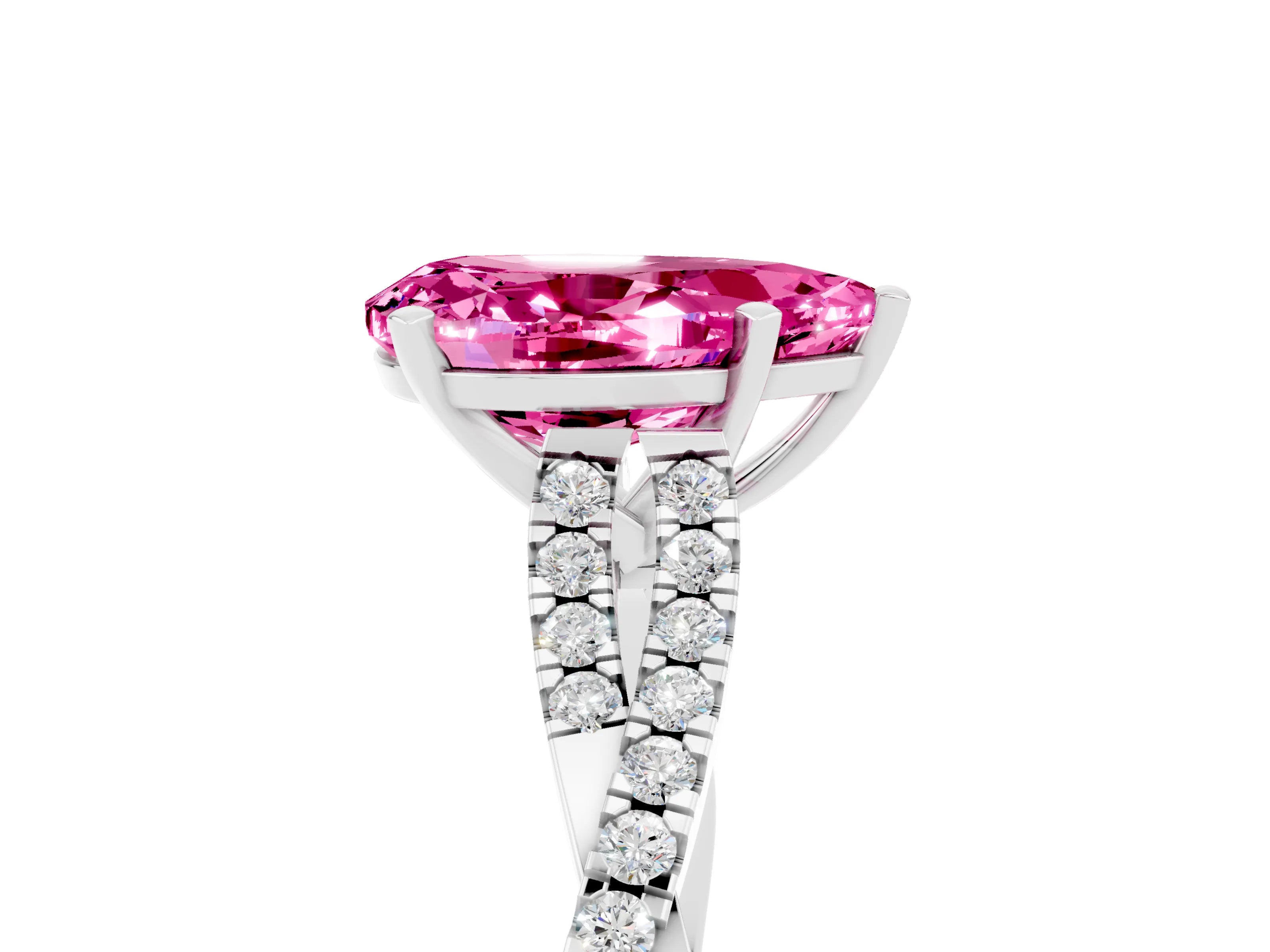 White gold Pear Cut Pink Sapphire Solitaire Engagement Ring with Twisted Pavé Band and Four-Prong Setting_17