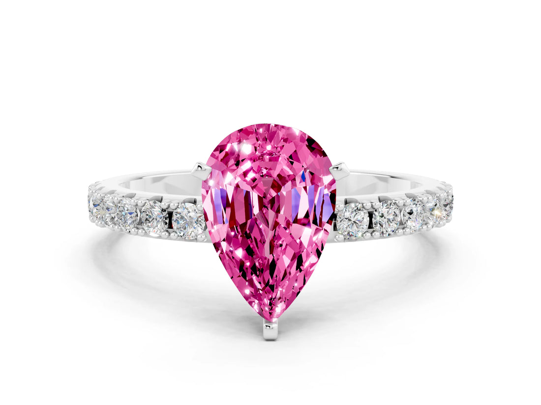 White gold Pear Cut Pink Sapphire Solitaire Pavé Band with Four-Prong Setting_24