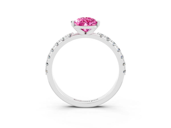 Silver Pear Cut Pink Sapphire Solitaire Pavé Band with Four-Prong Setting