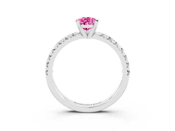 White gold Pear Cut Pink Sapphire Solitaire Pavé Engagement Ring with Round Band and Prong Setting