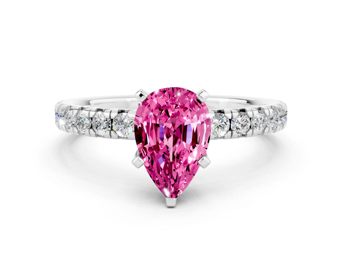 White gold Pear Cut Pink Sapphire Solitaire Pavé Engagement Ring with Round Band and Prong Setting_72