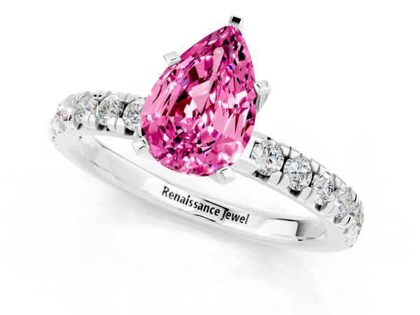 White gold Pear Cut Pink Sapphire Solitaire Pavé Engagement Ring with Round Band and Prong Setting