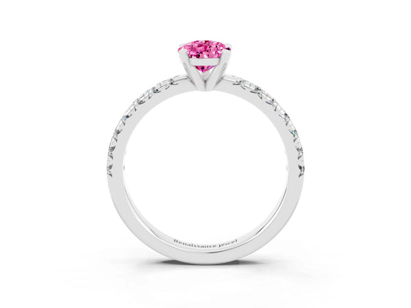 White gold Pear Cut Pink Sapphire Solitaire Pavé Engagement Ring with Round Band and Prong Setting