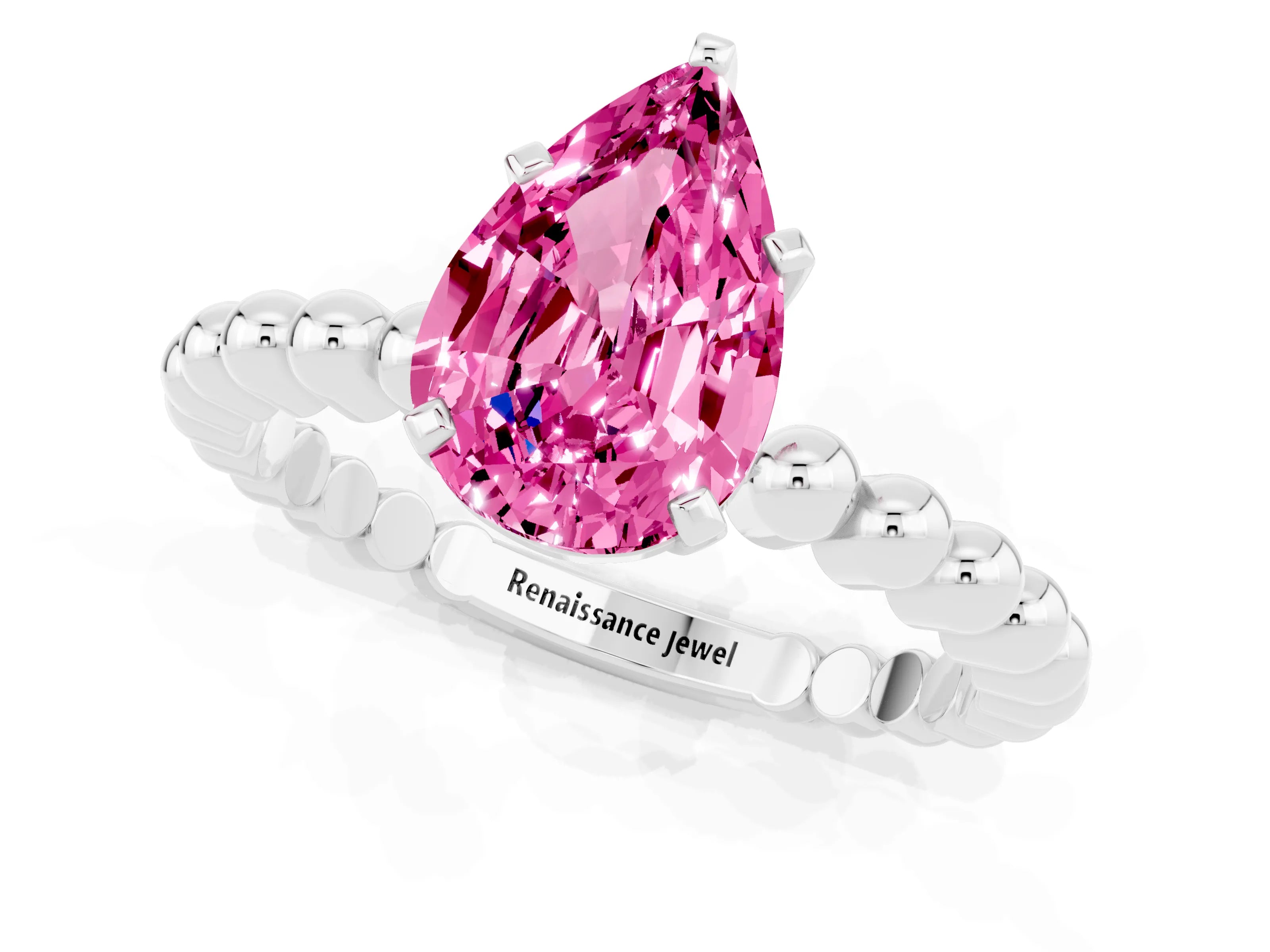 White gold Pear Cut Pink Sapphire Solitaire Ring with Beaded Band and Prong Setting_37
