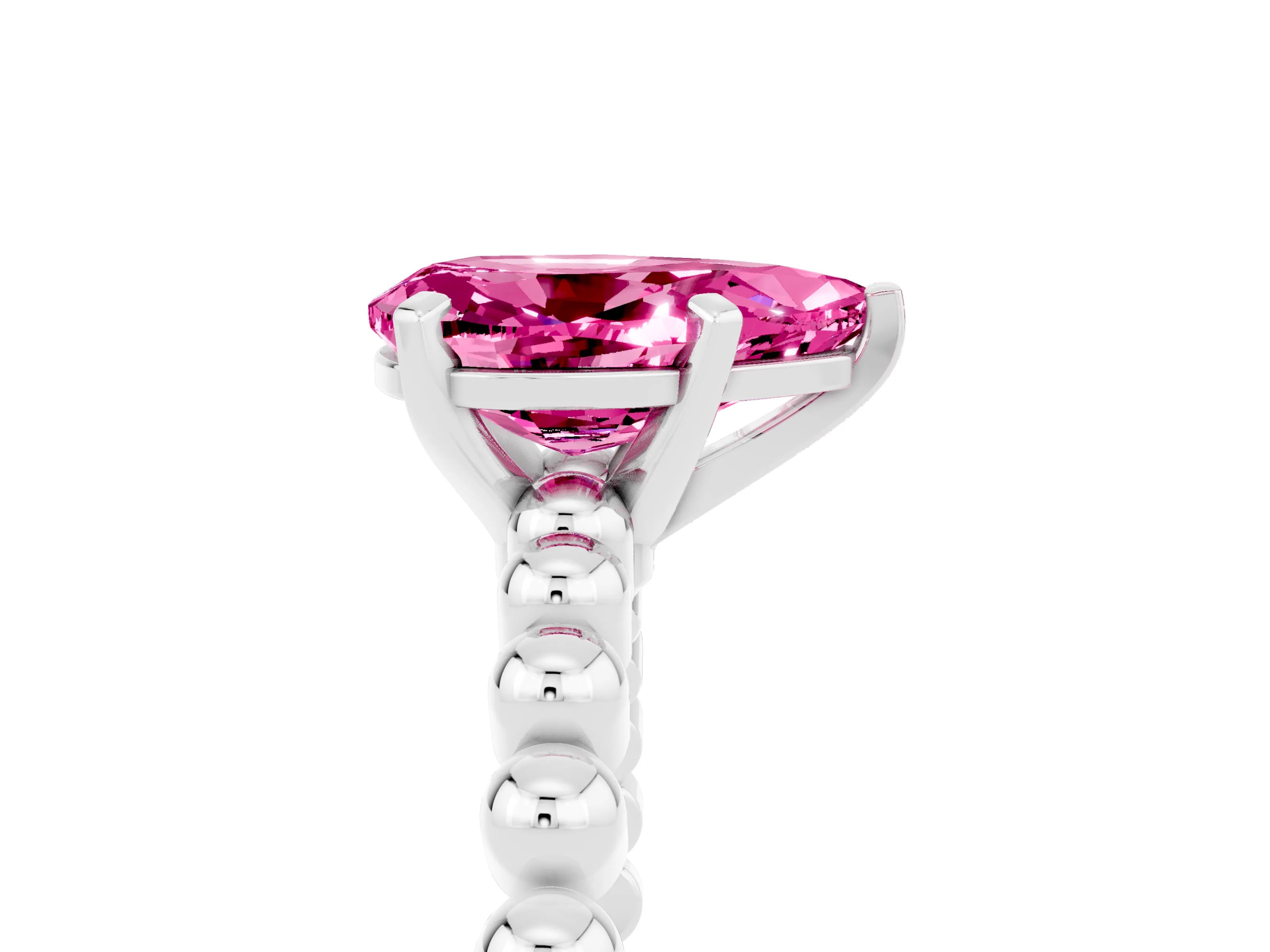 White gold Pear Cut Pink Sapphire Solitaire Ring with Beaded Band and Prong Setting_41